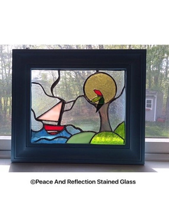 Stained Glass Framed Art Sail Away by PeaceAndReflection on Etsy