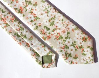 Beige Floral Tie - Men's Skinny Tie - Women's Flower Pattern Tie - Cream and Green Cotton Skinny Tie - Wedding Skinny Tie - Grooms Neck Tie