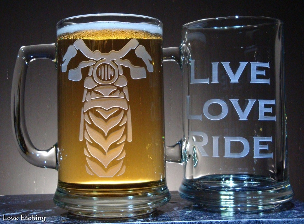 Motorcycle Etched Glass Beer Mug For Motorcycle Riders