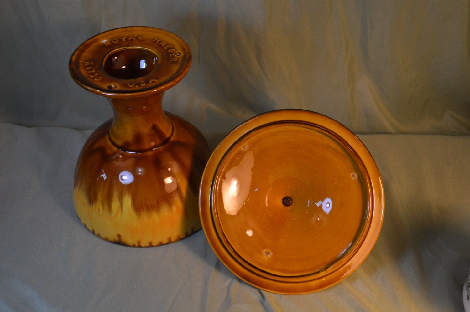 Royal Haeger Atomic Ceramic Candy Dish Compote Drip Glaze With Cover