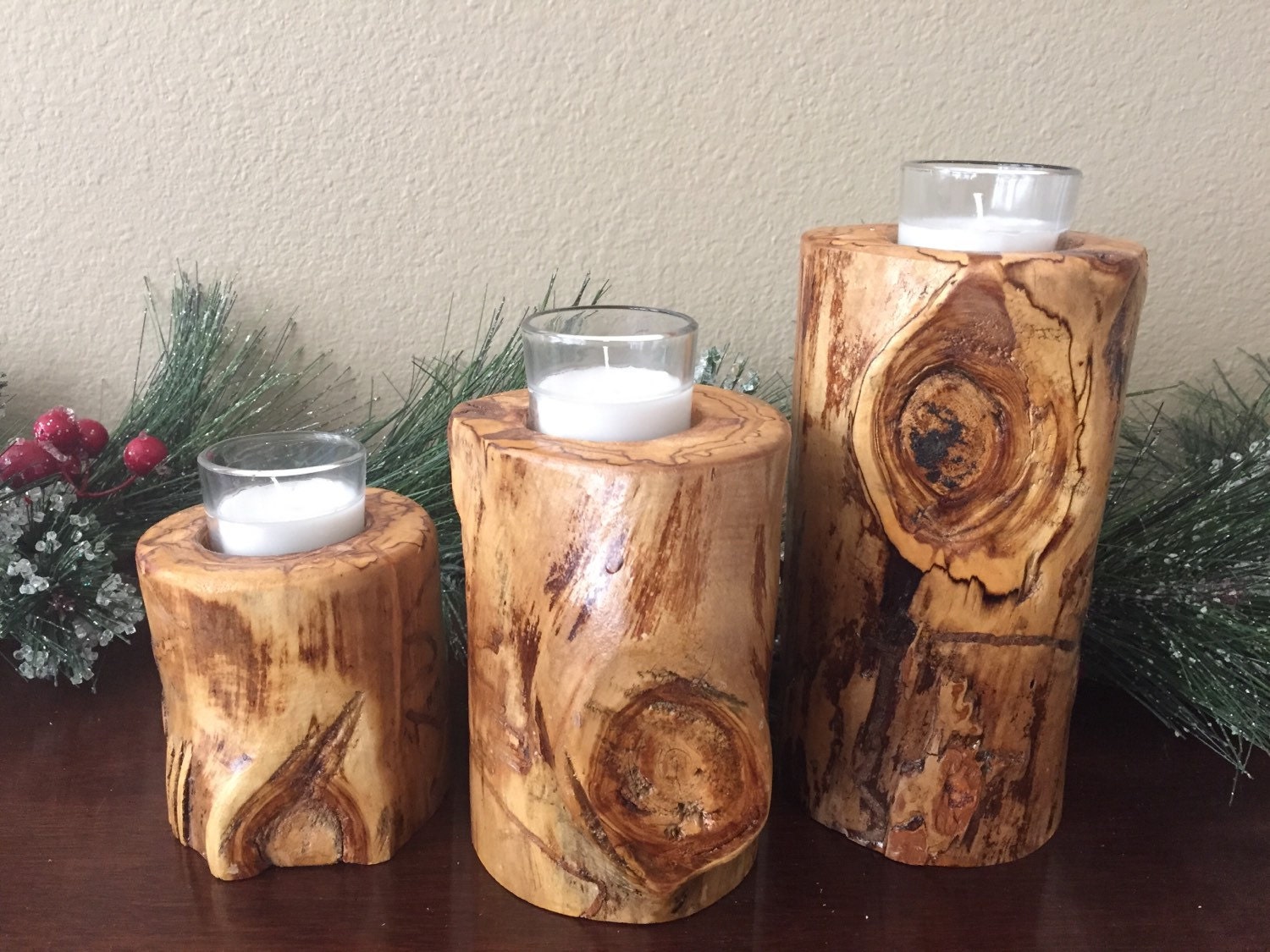 Set of 3 Aspen Log Wood Candle Holder by AspenRusticCreations