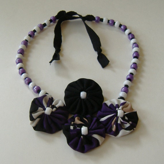 Fabric Yoyo Necklace Purple and Black Necklace with Beads