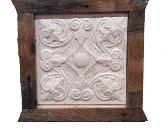 Framed Antique Ceiling Tile Tin/ Wood Frame Art , antique wall tin, framed farmhouse tin