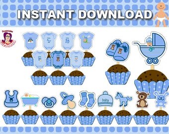 BABY SHOWER Cupcake Toppers, Instant Download, Blue Baby Cupcake Toppers