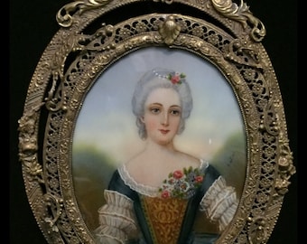 FREE SHIPPING-Antique-Signed-Nattier-Hand Painted-Miniature-Portrait-Madame Louise De France-Royal Ormolu-Gilt-Bronze-Filigree-Frame