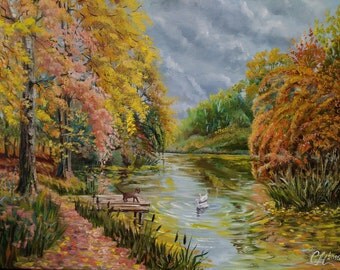 Autumn painting Fall landscape oil painting Impressionism artwork Cat portrait Painting on canvas wall art Falling leaves Original Fine art
