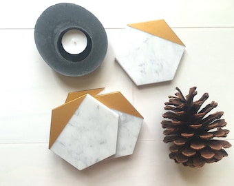 Hexagon Marble Coasters. Set of 4. Bianco Gioia Gold Painted Honed Marble. Natural Stone Coasters. Geometric Coasters
