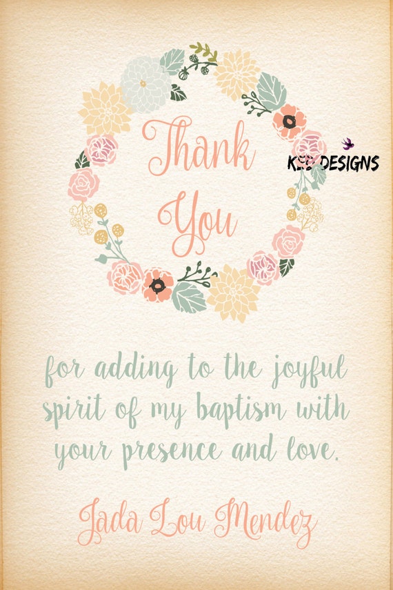 PrintableCustomThank You CardBaptismFloral by KEDDESIGNS