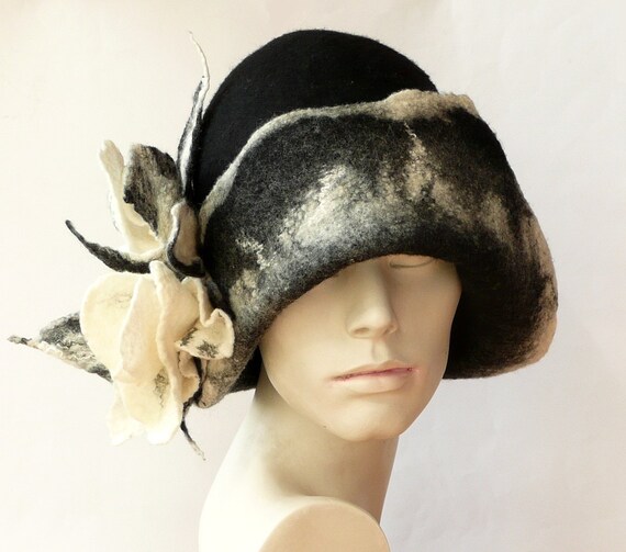 Black Felt hat Felted Hat Cloche Hat Fapper 1920 Hat Art Gray