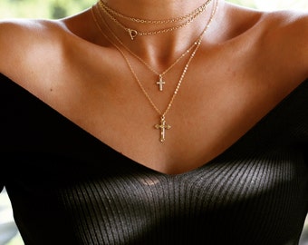 Cross Necklace, Gold Cross Necklace, Gold Layering Necklace, Layered Cross Necklace, Big Cross Necklace, Crucifix Necklace, Gift for her