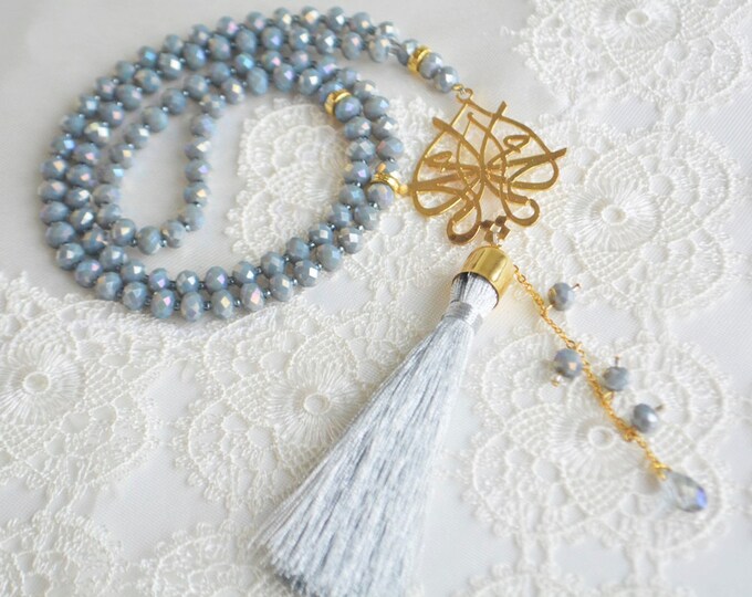 Muhammed glass pendant rosary,monk taspih,cute seedbeads carriable, pray necklace, tesbeeh, eid present hajj-umrah gift,grey tassel beads.