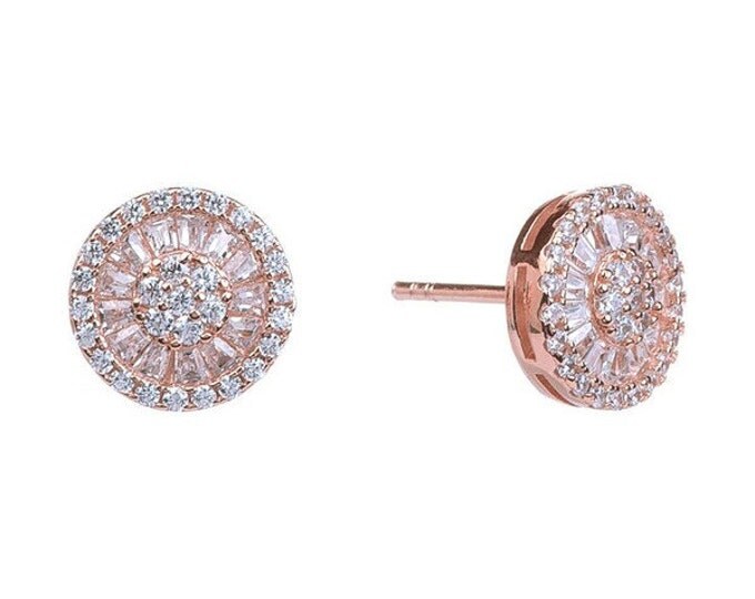 CZ and Baguette Disc Stud Earrings