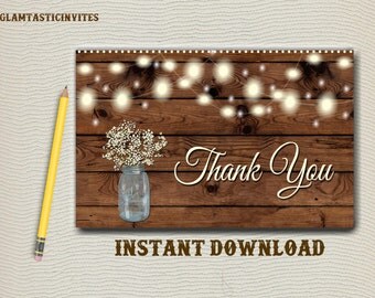 Rustic Thank You Card Printable, Digital file, Instant Download, Rustic Mason Jar Thank you Card, Wedding Thank You Card, Rustic, Wood, DIY