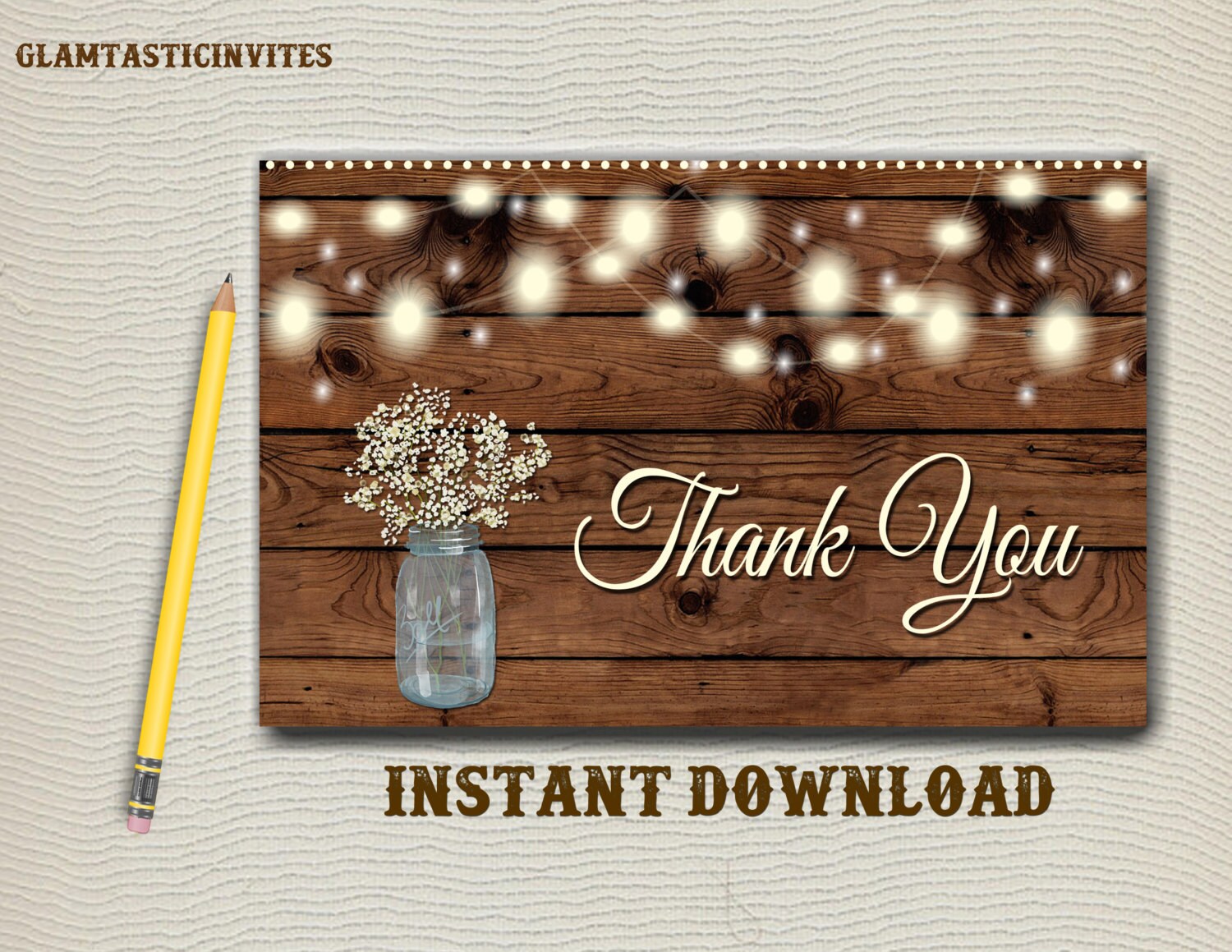 Rustic Thank You Card Printable Digital file Instant