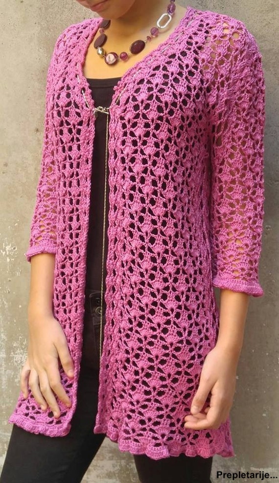 Crochet long lace cardigan in old pink color / shortened 3/4