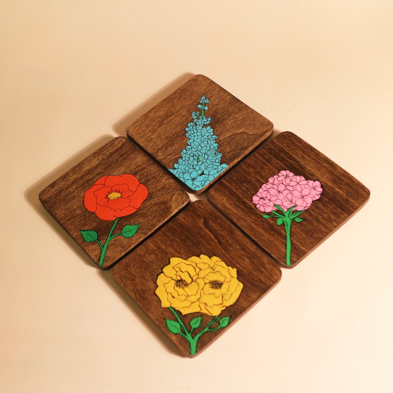 Hand painted wood flower coasters