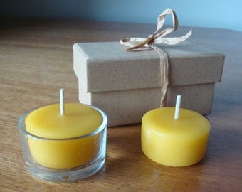 Two Pure Australian Beeswax Tealights and one glass cup in Kraft gift box