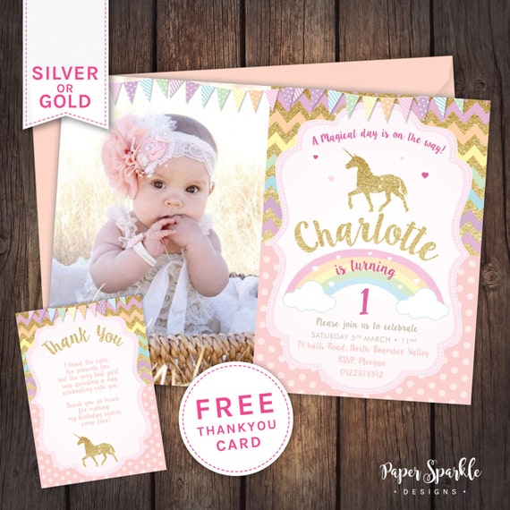 Unicorn First Birthday Invitations 6