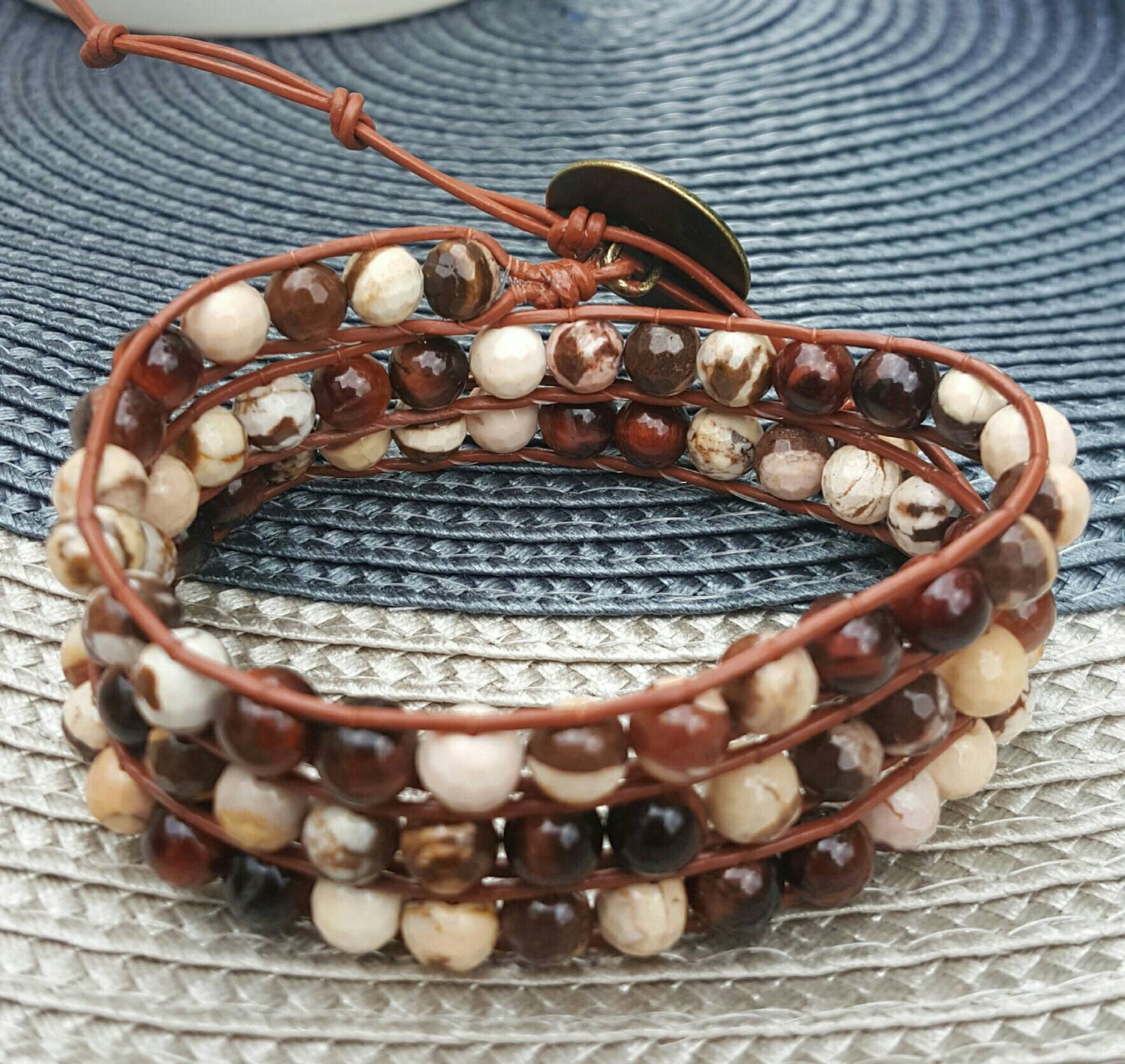 3 wrap leather bracelet australian jasper stone beads and red