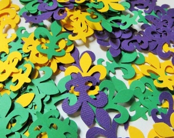 Mardi Gras Fleur de lis die cuts- Brilliant Carnival Colors-Purple-Gold-Green Cardstock- 150ct Fat Tuesday - Decor - Confetti - Tags