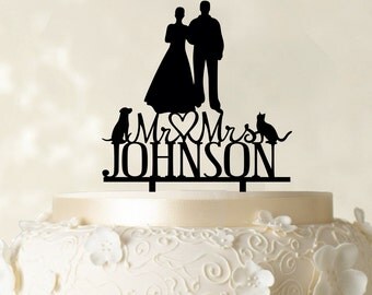 Custom Cake Topper , Mr and Mrs Cake Topper, Wedding Cake Topper, Couple Silhouette Topper With Pets, Glitter Cake Topper CATO80