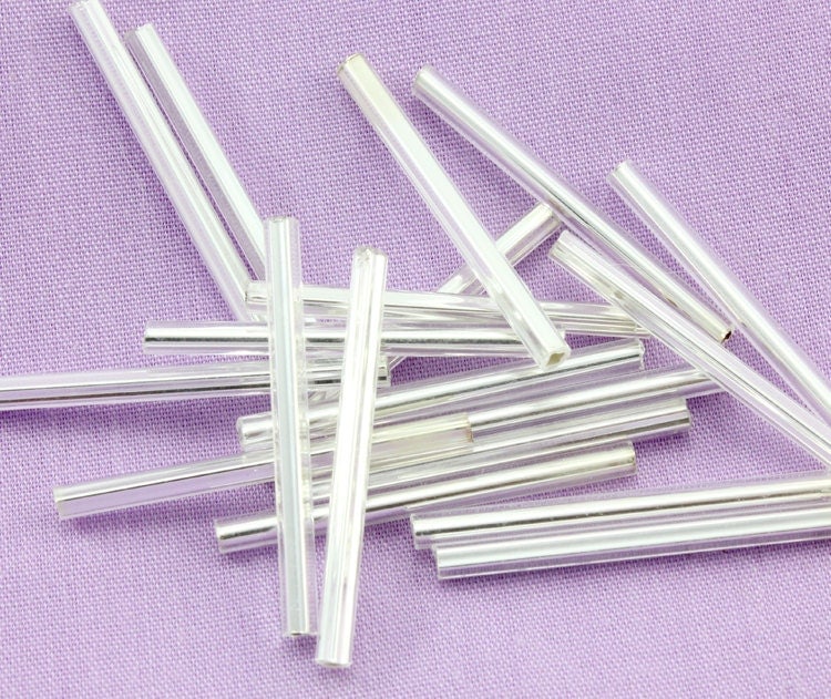 Extra Long Bugle Beads. 25 Pieces Silver Lined Crystal Bugle