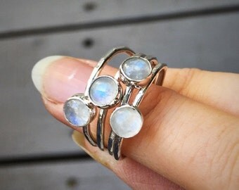 Moonstone Stacking Ring, Sterling Silver and Rainbow Moonstone Stacking ring, Stackable Moonstone Ring