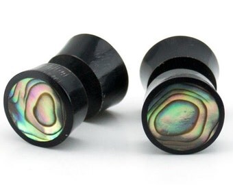 Black Horn Fake Gauges Plugs With Abalone Shell Inlay