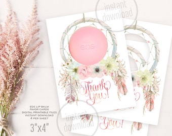 Dreamcatcher EOS lip balm baby shower favor card, birthday bridal mother's day gift thank tags 1,5"x1,5". Instant download 002CMPEX 121CMPEX