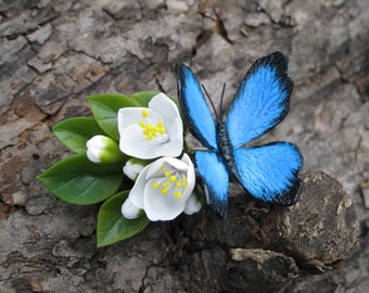 Rustic wedding hair clip Woodland wedding hair accessories Flower hair clip Floral hair clip Butterfly jewelry Blue butterfly hair clip