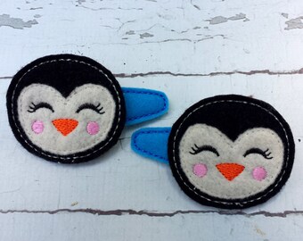 Penguin felt hair clips.Embroidered felt hair clips.Set of two clips