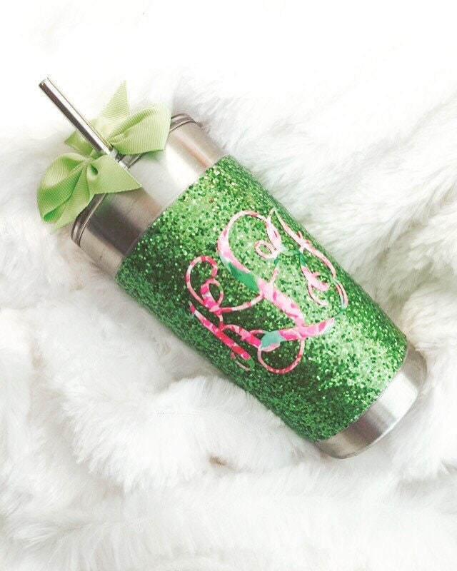 Glitter Yeti Rambler in Large Lime Green with Lid & Bow