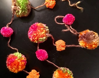 Pom pom garland, pink and orange garland, yarn decor, pom pom decor