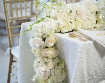 SALE!! White sequin tablecloth, table runner, or table overlay. Various colors available, wedding tablecloth, bridal, cake table, sequence