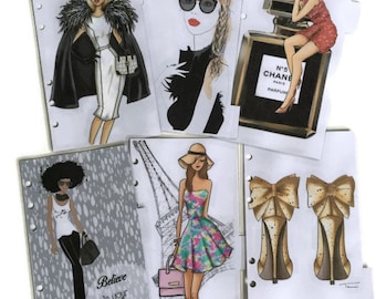 LV Planner Personal, Fashion Illustration dashboards, Divider with tabs, Pocket, A5 Filofax Dividers Dashboard Planner Set of 6