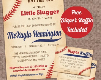 Baseball Baby Shower Invitation with diaper raffle card