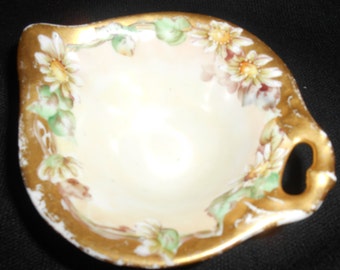 German Antique Candy Dish / Nut Dish with Daisies and Gold trim. OLD