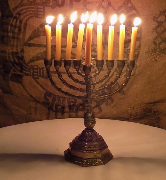 Nine Arm Hebrew Candle Holder in Solid Brass. Menorah Solid