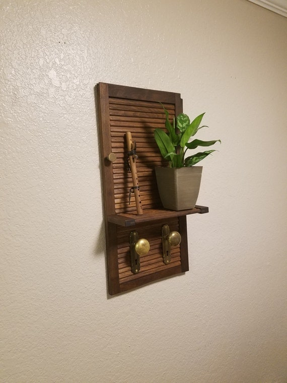 Reclaimed Wood Shutter Shelf With Antique Door Knob Hooks.