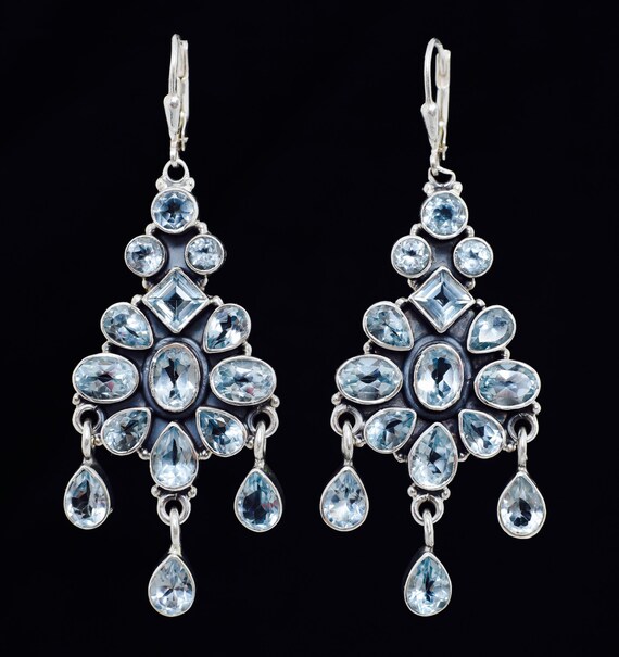Blue Topaz earrings, Handmade earrings,Sterling Silver earrings,Leverback earrings, Chandelier earrings