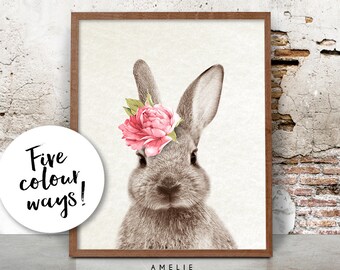 Nursery Wall Art, Rabbit Print, Woodlands Decor, Watercolour Flower, Bunny, Printable Pink Peach Yellow Mint Lavender, Shabby Cottage Chic