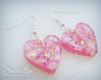 Large pink heart earrings, dangle earrings, resin earrings, womens earrings, heart earrings, Gift For Woman, sparkly earrings, resin jewelry