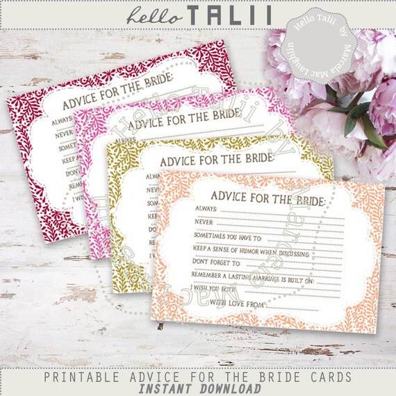 Advice For The Bride Cards Printable BRIDAL SHOWER Games Cards