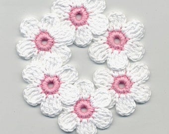Crochet Flowers - White Crochet Flowers - Crochet Applique - Crocheted Colored Flowers - Rosa Flowers - Crochet Flowers 4cm 6 Pcs