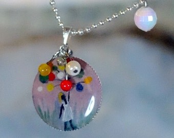 Girl with balloons, handpainted, medal in stainless steel