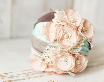 Strech Newborn headband, Photo Prop, Newborn Tieback, Halo, Pastel Headband, Newborn Flowers, Baby Tieback, Vintage Halo