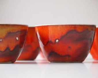 Ready to ship: Stoneware Cups, Set of 5, Ceramic Cups Orange Red. Stoneware Tea Cup Set. Tea Service. Coffee Cup Set. Handmade Pottery