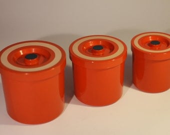 3 Vintage plastic canisters containers kitchenware inventory 1970s 1960s storage cans 70s 60s retro mid century kitchen