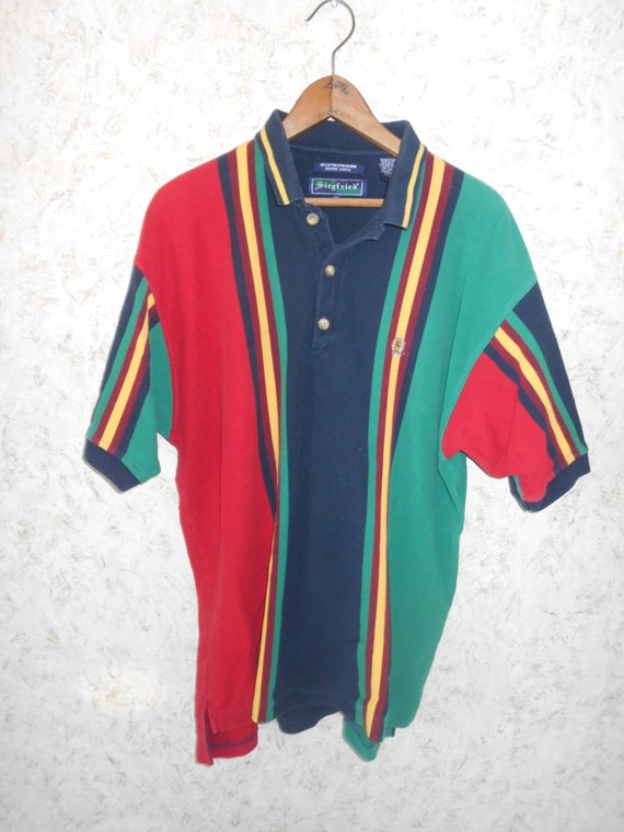 Vtg 90s Color Block Polo Cotton Shirt Striped Siegfried Short