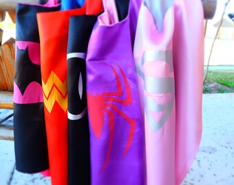 Batgirl, Spidergirl, Supergirl, Wonder Woman, Cat Woman Capes -Superhero birthday party favors, Superhero party, superhero capes